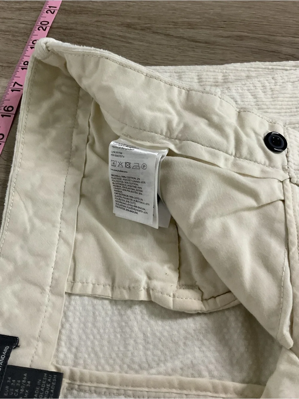 H&M Men's Cream Corduroy Chinos Size 34